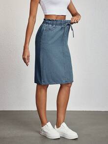 SHEIN Tall 女款時尚百搭口袋綁帶休閒牛仔裙 - 藍色 - 查看 4
