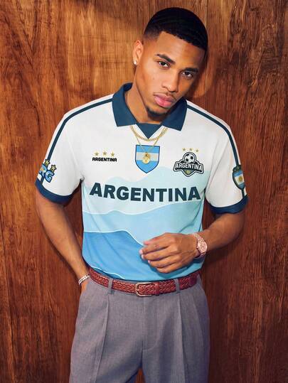 Aesthetic Post Men's Argentina Flag Print Football Jersey,White,Summer,Casual,City Break Retro Wave Design Polo,Sports & World Cup Supporters Soccer Shirt For Guys