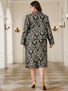 Reflora Plus Size Elegant Metallic Texture Long Sleeve Jacket And Skirt Suit Set - Black - View 2