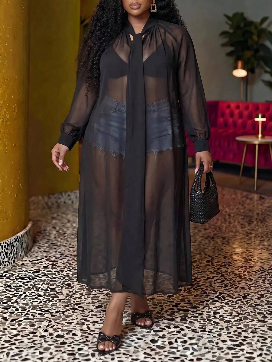 Slaydiva 2026 Spring/Summer Women's Plus Size New Bold, Classy Feminine Style Tummy Control Fit Breathable Elegant Romantic Classic Black Long Sleeve Chiffon Bow Tie Blouse - Black - View 1