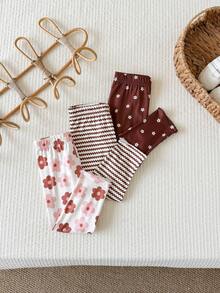 SHEIN Playful Pals 3件組幼童女童內搭褲褲子 可愛棕色粉色白色花朵條紋荷葉邊 常規款 生日派對 秋季 公主風 甜美舒適 芭蕾復古風 - 彩色 - 查看 3
