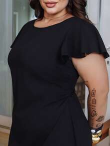 Bibi Tomais 大码夏季休闲简约短款荷叶袖女式连衣裙 - 黑色 - 查看 6