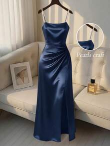 SHEIN Franclia 女士纯色褶皱仿珍珠吊带优雅吊带连衣裙 - 藏蓝色 - 查看 1