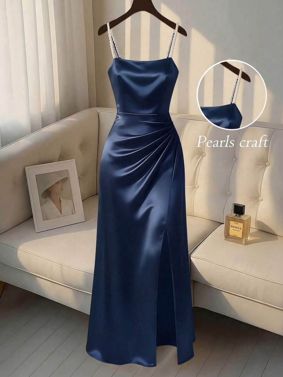 SHEIN Franclia 女士纯色褶皱仿珍珠吊带优雅吊带连衣裙 - 藏蓝色 - 查看 1