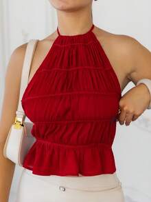 Andrea Bello Women's Adjustable Tie Strap Ruched Layered Semi-Sheer Romantic Date Cropped Top, Concert Summer Holiday Valentine's Day Casual - Red - View 6