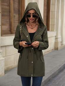SHEIN Drawstring Waist Hooded Coat Fall Winter Cloth For Women - Army Green - View 5