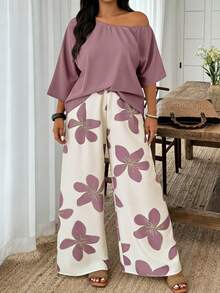 Weeklong Plus Size Summer Casual Solid Color Asymmetric Neck Top And Floral Print Pants 2-Piece Set Fall - Multicolor - View 4
