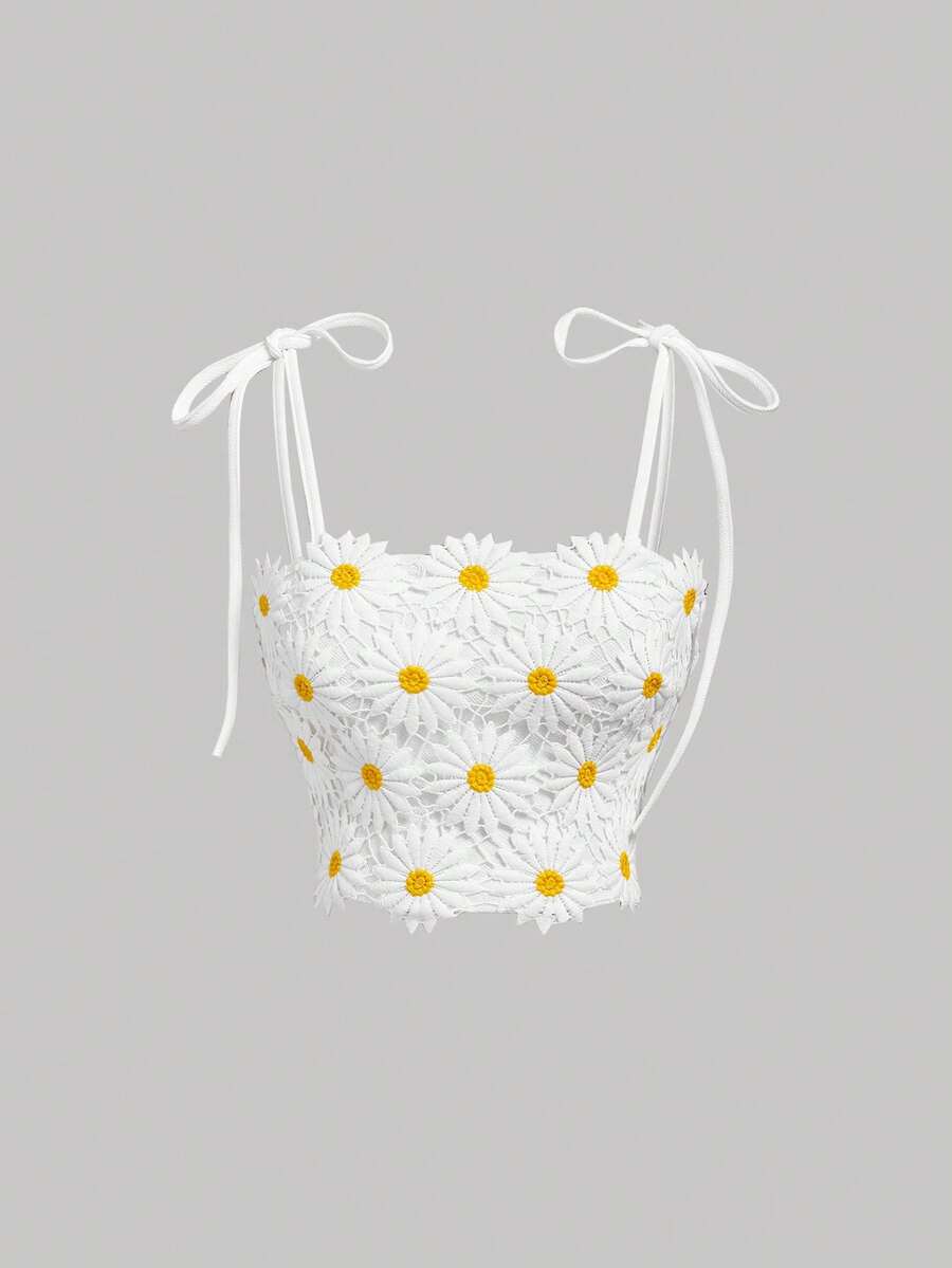 SHEIN MOD 女士夏季雛菊花鍊花網紗背心上衣 - 白色 - 查看 1