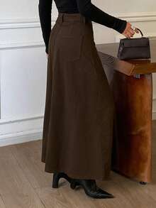DAZY Women's Single-Breasted Decorative Long A-Line Denim Skirt, Casual Urban Style Fall - Brown - View 6