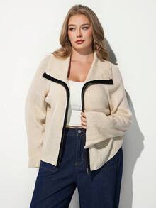 Maija Plus Size Women's Colorblock Zipper Casual Daily Knit Top - Apricot - View 4