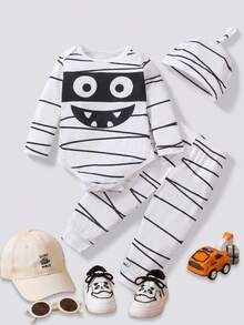 SHEIN Playful Pals 3件套圣诞男宝宝木乃伊服装套装 - 连体衣、裤子、帽子，适合圣诞装饰、派对、生日、拍照、日常穿着，春夏秋冬皆宜。黑白男宝宝套装，新生儿连体衣配长袖长裤，万圣节男宝宝服装，卡通宝宝服装，男女宝宝通用套装。 - 黑與白 - 查看 1