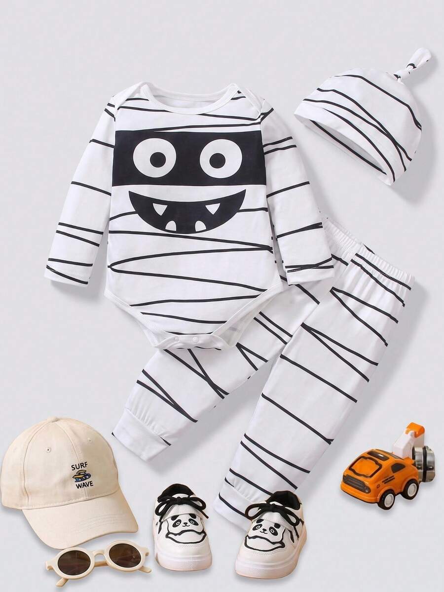 SHEIN Playful Pals 3件套圣诞男宝宝木乃伊服装套装 - 连体衣、裤子、帽子,适合圣诞装饰、派对、生日、拍照、日常穿着,春夏秋冬皆宜。黑白男宝宝套装,新生儿连体衣配长袖长裤,万圣节男宝宝服装,卡通宝宝服装,男女宝宝通用套装。 - 黑與白 - 查看 1