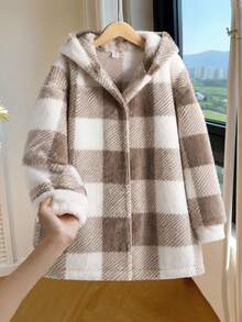 SHEIN Tween Girls Autumn/Winter Casual Elegant Vintage Preppy Style Khaki Plaid Fuzzy Open Front Mid-Length Jacket With Pockets, Suitable For Back To School, Autumn/Winter Outings, Daily Wear - Khaki - View 2