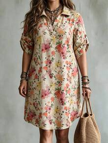 Ceyna Plus Size Women's French Casual Elegant Loose Floral Print Mid-Sleeve Dress - Apricot - View 1