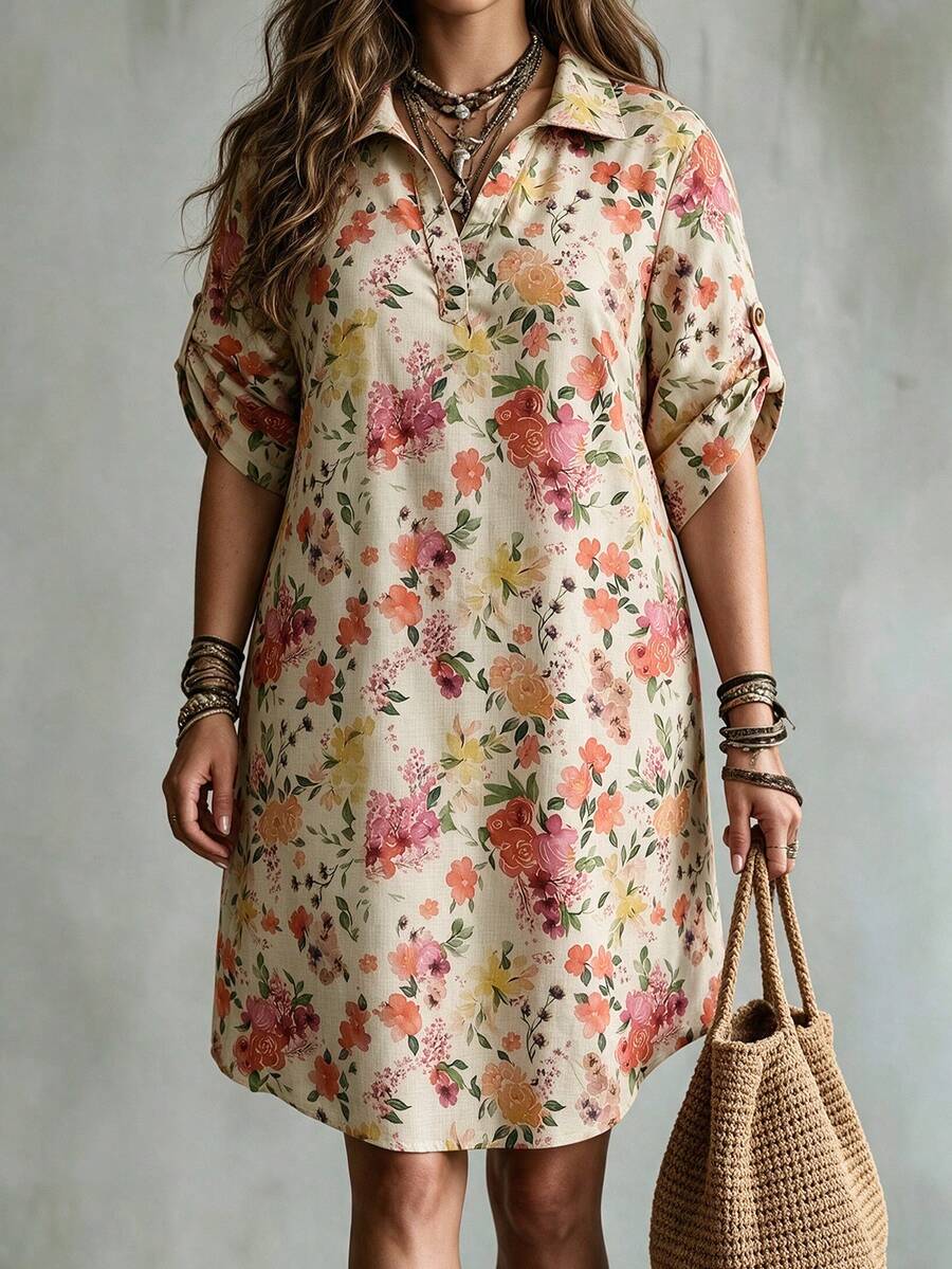 Ceyna Plus Size Women's French Casual Elegant Loose Floral Print Mid-Sleeve Dress - Apricot - View 1