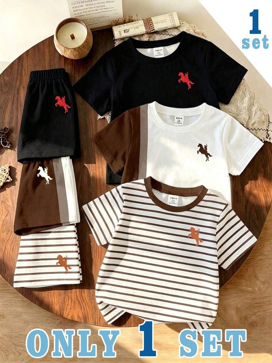 1 Random Set, Brown Khaki Colorblock Khaki Baby Casual Fashion Classic Knight Print Crew Neck Short Sleeve T-Shirt And Shorts Set - Multicolor - View 1