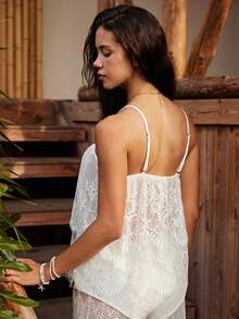 Lullawish Atasan Camisole Dua Lapis Romantis Berenda Gaya Bohemian untuk Wanita - Putih - View 2