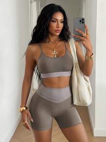 SHEIN HypeZone Women's Cropped Tank Top And Shorts Sports Modest Sporty Set Workout Gym Mauve Summer - Multicolor - View 3