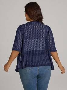 SHEIN LUNE 大尺碼女款純色休閒百搭日常開襟衫 - 寶藍色 - 查看 2