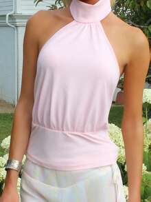 Sydney Algeri Atasan Rajut Model Halter Neck Warna Pink Muda untuk Wanita, Cocok untuk Musim Panas Kasual - Baby Pink - View 6