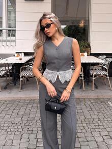 Siren Gaze Women's Grey Sleeveless Suit Vest & Wide-Leg Trouser Set With Lace Detailing – Elegant Autumn Office Wear For The Sophisticated Professional - Grey - View 8