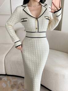Feyla Women's Elegant Contrast Trim Fitted Knit Dress, Autumn/Winter - Apricot - View 4