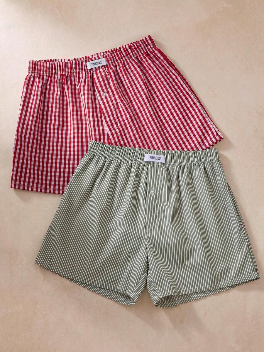 EverLounge 2pcs/Set Men's Elastic Waist Plaid Casual Harem Pants, Versatile For Summer Red Polka Dots Grey - Multicolor - View 1