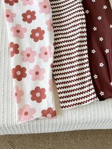 SHEIN Playful Pals 3件組幼童女童內搭褲褲子 可愛棕色粉色白色花朵條紋荷葉邊 常規款 生日派對 秋季 公主風 甜美舒適 芭蕾復古風 - 彩色 - 查看 4