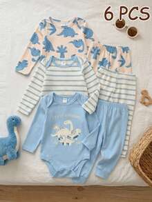 Unisex Newborn Baby Boy/Girl, 3sets Autumn/Winter Casual Cute Dinosaur Pattern Blue Tone Romper Set, Baby Winter Clothes/Bodysuit Set, Halloween Pcs - Blue - View 1