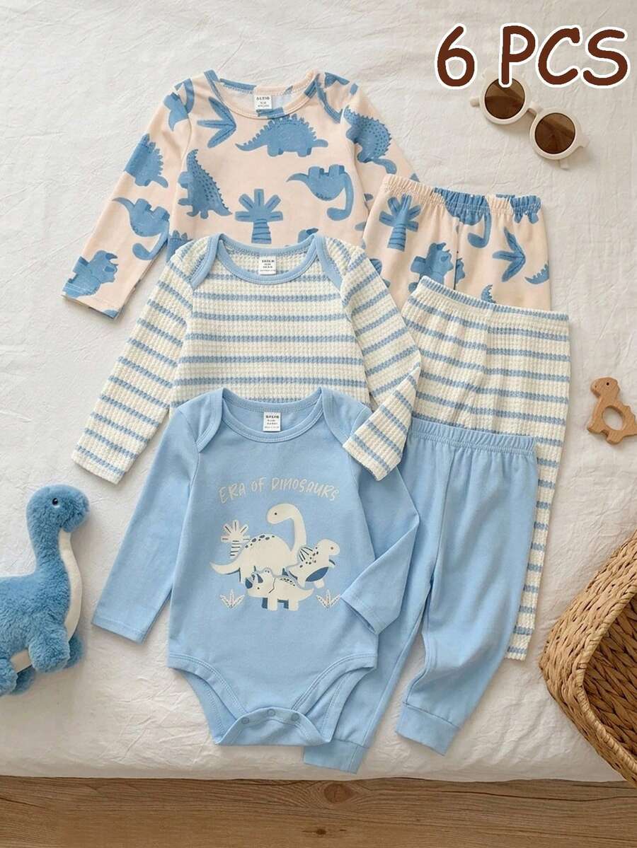 Unisex Newborn Baby Boy/Girl, 3sets Autumn/Winter Casual Cute Dinosaur Pattern Blue Tone Romper Set, Baby Winter Clothes/Bodysuit Set, Halloween Pcs - Blue - View 1