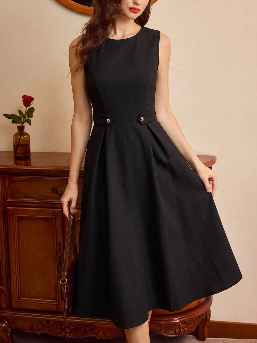 Vintamour Women's Summer Elegant Commute Solid Color Sleeveless Midi Dress - Black - View 1