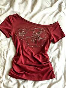 IslaSuriya Plus Size Summer Casual Rhinestone Decor Asymmetric Collar T-Shirt - White - View 3