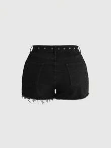 ROMWE Grunge Punk Vintage Punk Pentagram Print Ribbon Plus Size Denim Shorts - Black - View 2