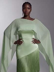 Elitara Plus Size Elegant Romantic Asymmetric Elastic Knit Fabric Patchwork Tassel Formal Evening Gown For Wedding Party Celebration Formal Events (Heavy Work Design) - Green - View 3