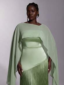 Elitara Plus Size Elegant Romantic Asymmetric Elastic Knit Fabric Patchwork Tassel Formal Evening Gown For Wedding Party Celebration Formal Events (Heavy Work Design) - Green - View 4