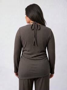 Solavibe Plus Size Women Ruched Asymmetric Hem Long Sleeve Halter Neck T-Shirt Pants Elegant 2 Pieces Set Fall Brunch Party Evening Office Dinner Brown - Brown - View 3