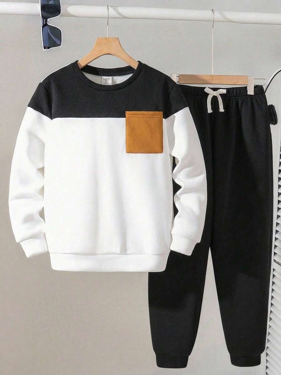 SHEIN 2 件套青少年男孩休闲圆领拼色绿色和运动衫搭配绿色运动裤，适合秋季、冬季、保暖、学校、居家、休闲、运动、生日派对、郊游、百搭百搭、保暖内衬 - 黑色 - 查看 1