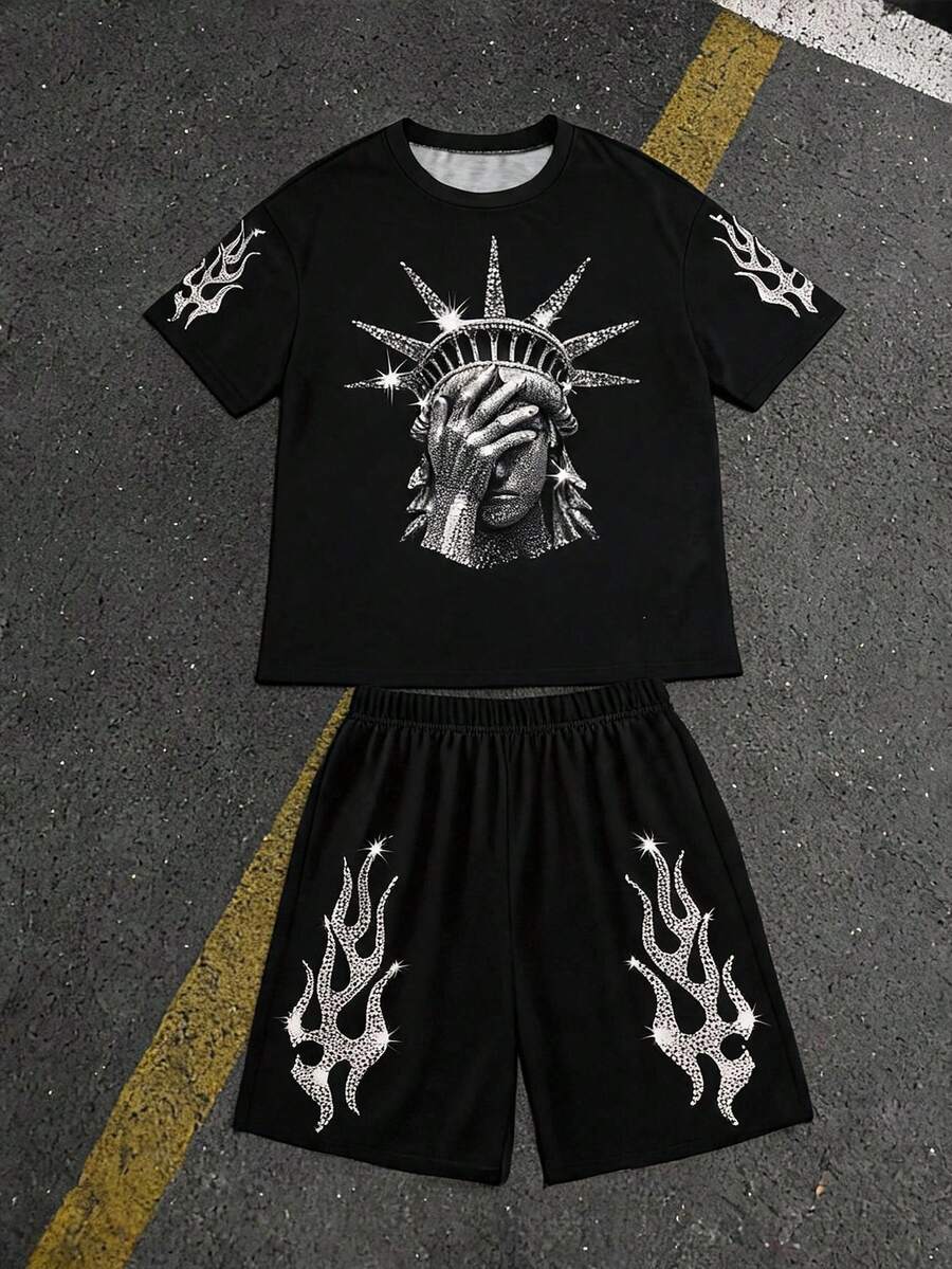 SHEIN 兒童 2 件組 青少年男孩新款休閒極簡 Y2K 風格 黑白自由女神街頭印花圖案 美式復古時尚圓領短袖 T 恤與短褲套裝