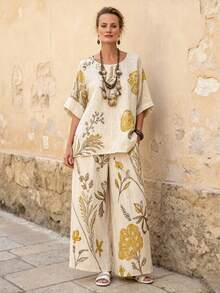 Balvessa Bohemian Boho Style Elegant Linen 2 Pieces Set Round Neck Design Long Pants Digital Print Brunch Vacation Beige Summer - Khaki - View 5