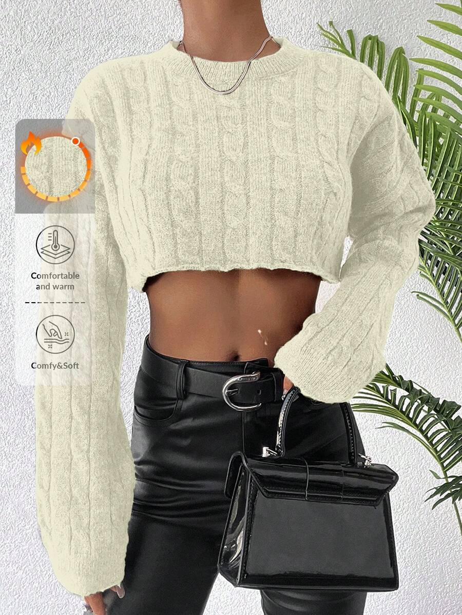 EURMUSE Cable Knit Drop Shoulder Crop Sweater - Beige - View 1