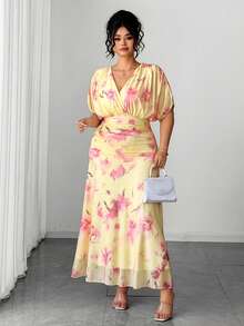 Elenzga Plus Size Summer Elegant Celestial Floral Print Dress Wedding Party Formal Yellow - Multicolor - View 4