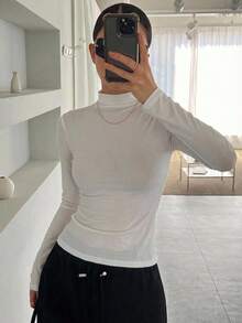 DAZY 女款高領修身長袖休閒T恤 - 白色 - 查看 5
