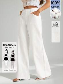 SHEIN Tall 100%水洗棉低腰直筒長褲，適合高個女性 - 白色 - 查看 7