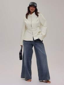 MUSERA Plus Size White Long Sleeve Tie Detail Top Winter Fall Going Out Womens Outfit - Beige - View 2