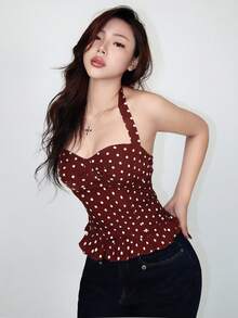 ROMWE Avant Set Kamisol Tanpa Lengan dengan Motif Polkadot dan Kotak-kotak Gaya Liburan Romantis untuk Wanita - Mocha Brown - View 5