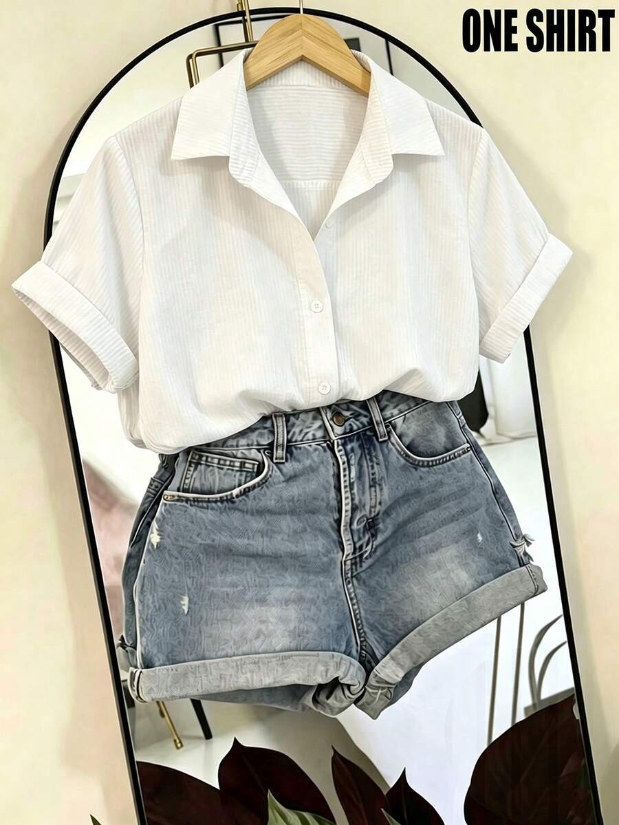 SHEIN Franclia 女款條紋泡泡袖皺褶布料短袖襯衫,適合春夏外出與約會場合 - 白色 - 查看 1
