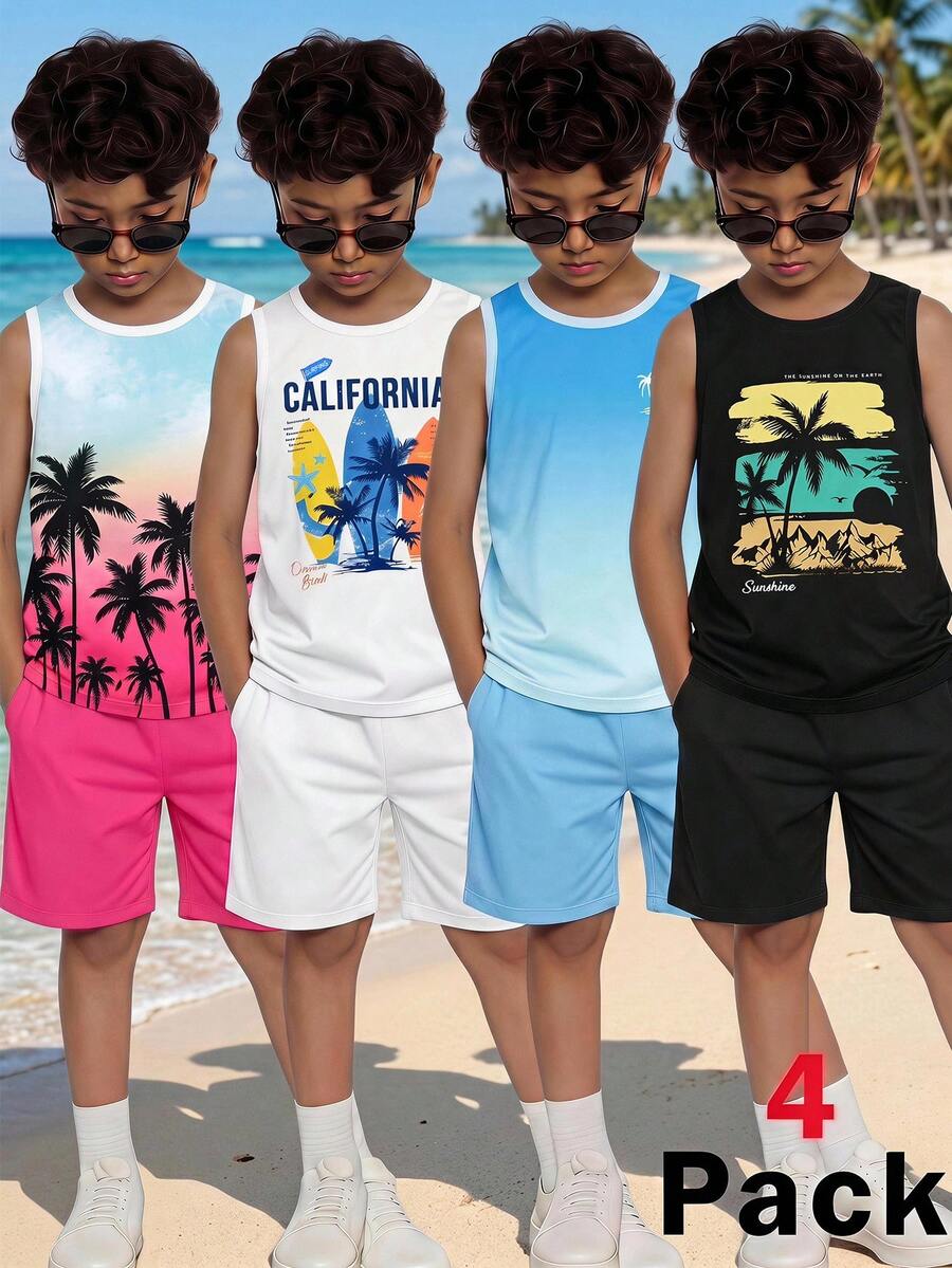 SHEIN 4件/組買2送2兒童青少年男孩休閒度假風椰子樹印花圓領套頭無袖背心，Y2K，SS26，夏季，外出，情人節，約會，旅行，度假，家庭聚會，返校，婚禮季，晚會，運動，生日派對