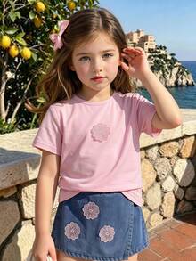 SHEIN Playful Pals 女童休閒可愛圓領標準肩寬彩色波點彩虹印花T恤與純色牛仔裙套裝，夏季返校穿搭 - 粉色 - 查看 5