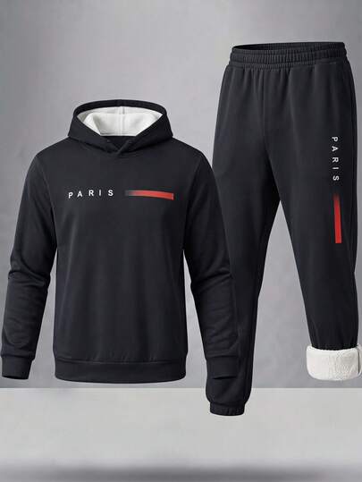 SHEIN Tween Boy Casual Sports College Minimalist Loose Fit Sports Letter Graphic Fleece Lined Long Sleeve Pullover Hooded Sweatshirt And Sweatpants 2 Pieces Set Suitable For Commuting School Daily Casual Outings Sports Autumn Winter