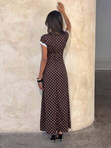 Aloruh Women's Autumn/Winter Polka Dot Print Lace Patchwork Extra Long A-Line Dress - Brown - View 2